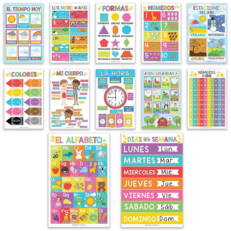 Hadley Designs 17" x 11"  Colorful Spanish Preschool Educational Posters, Laminated, 12/Set (HDDX004AH66RV)