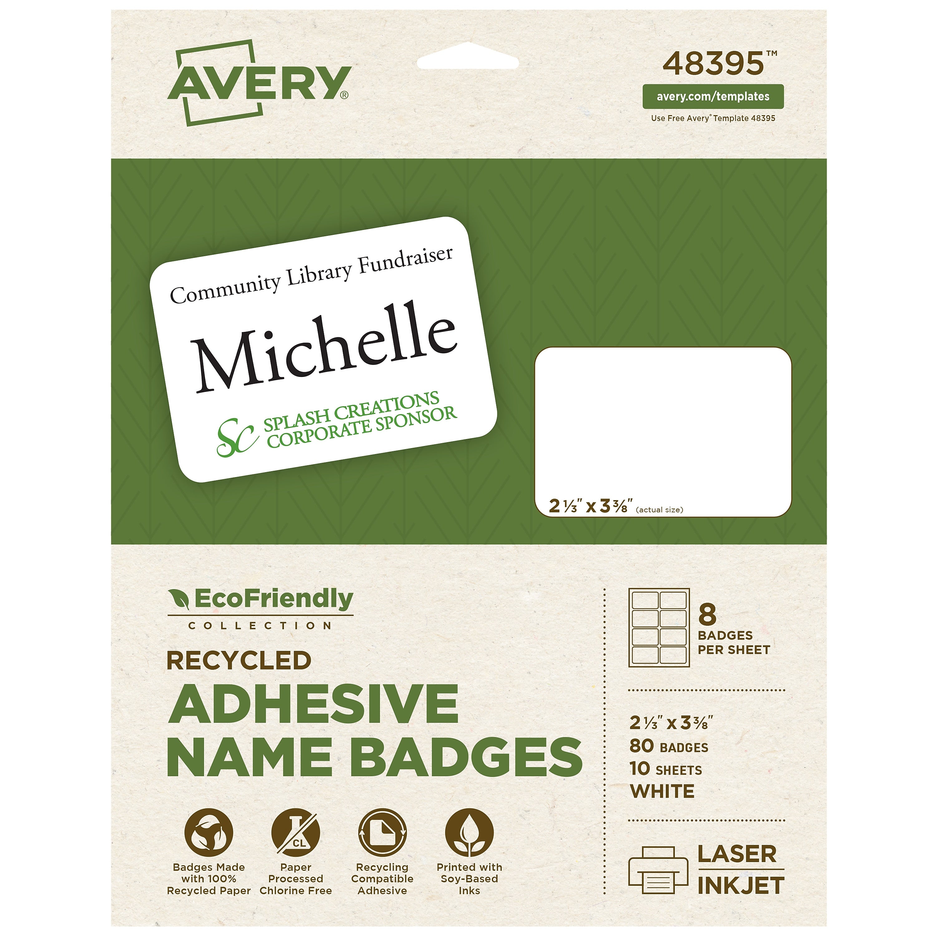 Avery EcoFriendly Laser/Inkjet Removable Name Tags, 2 1/3" x 3 3/8", White, 10 Sheets/Pack, 80 Labels/Pack (48395)
