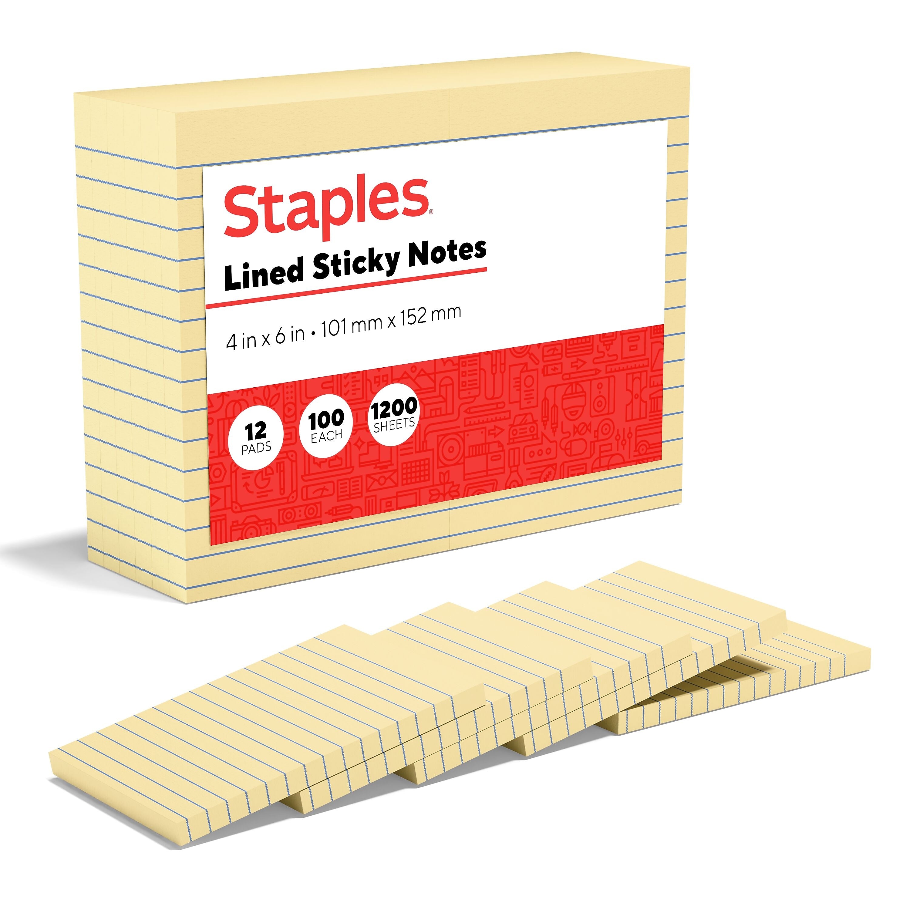 Staples Recycled Sticky Notes, 4" x 6", Sunshine Collection, Lined, 100 Sheets/Pad, 12 Pads/Pack (S-46YR12)