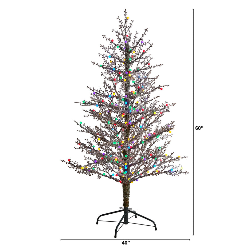 Nearly Natural 5-ft Frosted Berry Twig Artificial Christmas Tree with 200 Multicolored Gum Ball LED Lights (T1564)