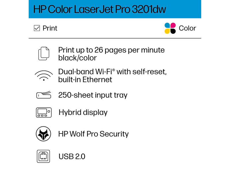 HP LaserJet Pro 3201dw Wireless Color Laser Printer, Print Only, Best for Office (499Q9F)