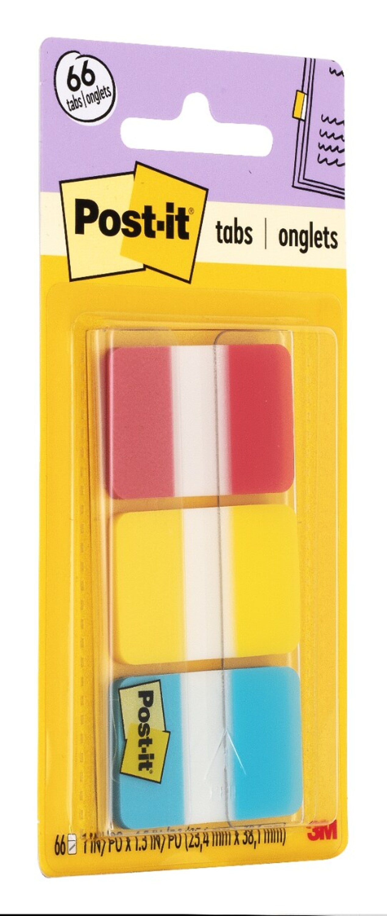 Post-it Tabs, 1" Wide, Assorted Colors, 66 Tabs/Pack (686-RYB)