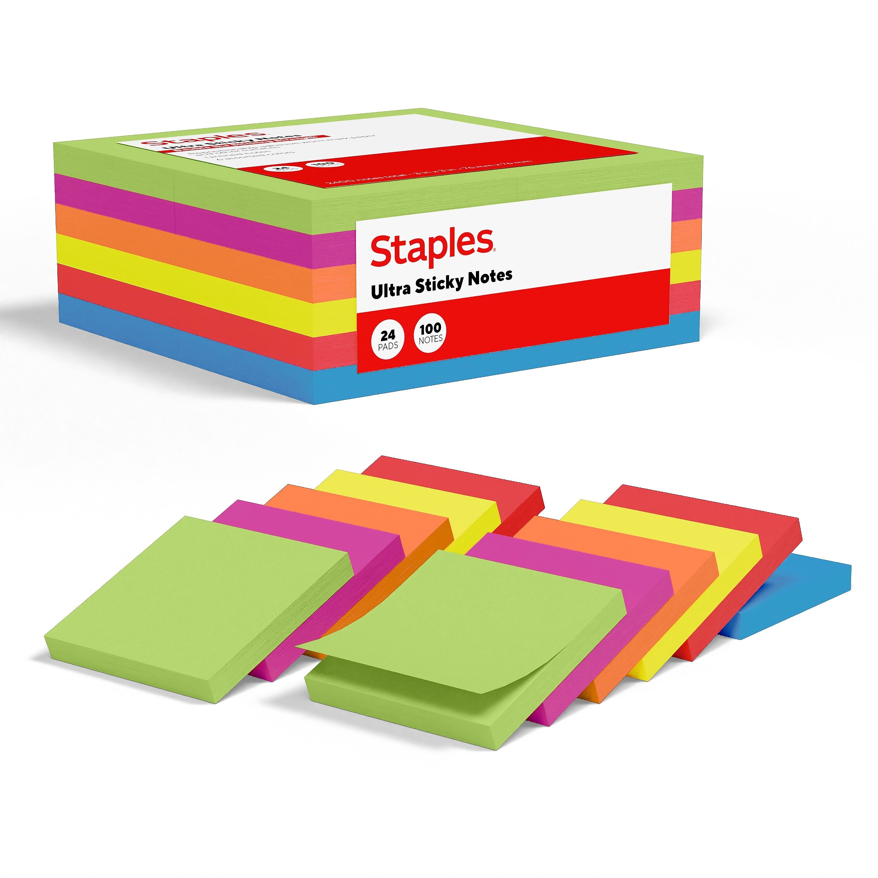 Staples Ultra Sticky Notes, 3" x 3", Summer Breeze Collection, 100 Sheets/Pad, 24 Pads/Pack (ST62882)