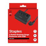 Staples TECH 3-Outlet 3-USB Port Surge Protector, 5', 900 Joules, Black (ST62770)