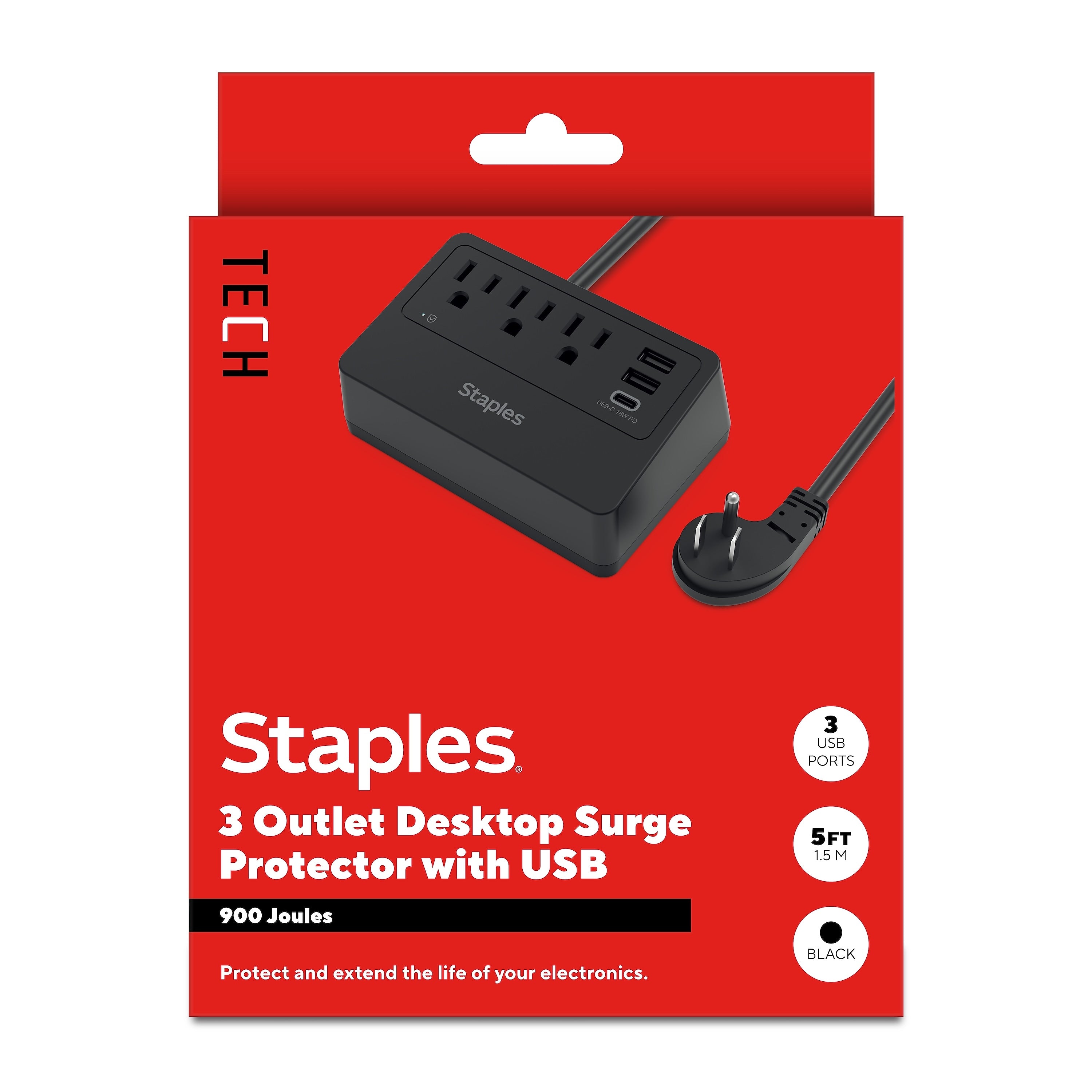 Staples TECH 3-Outlet 3-USB Port Surge Protector, 5', 900 Joules, Black (ST62770)