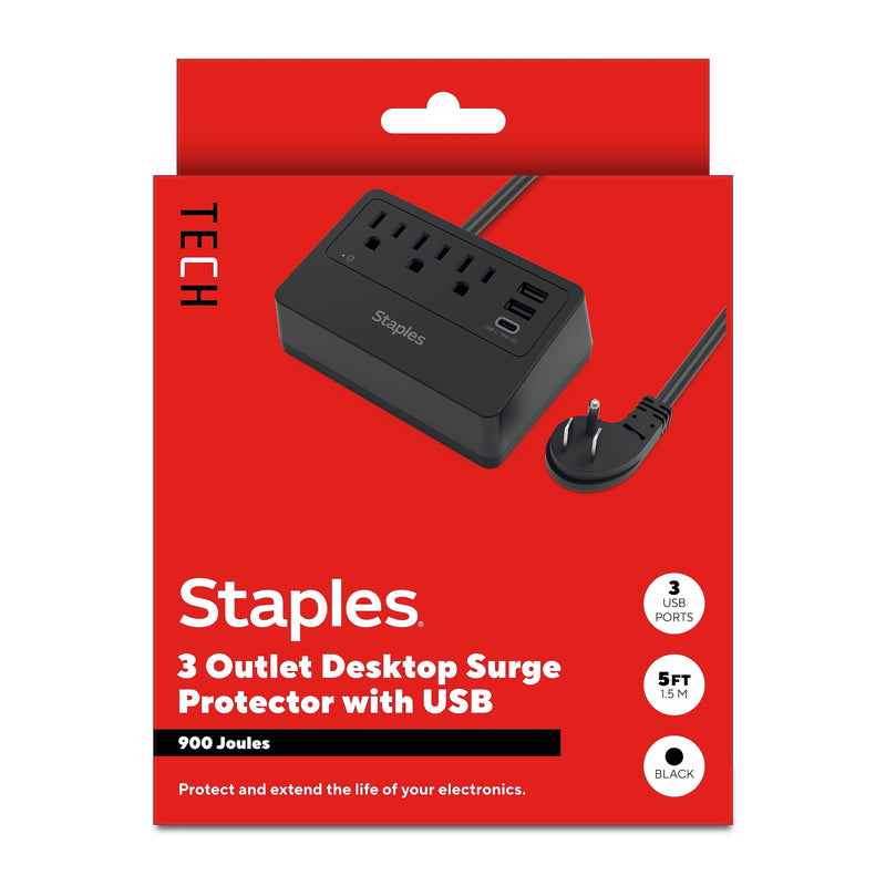 Staples TECH 3-Outlet 3-USB Port Surge Protector, 5', 900 Joules, Black (ST62770)
