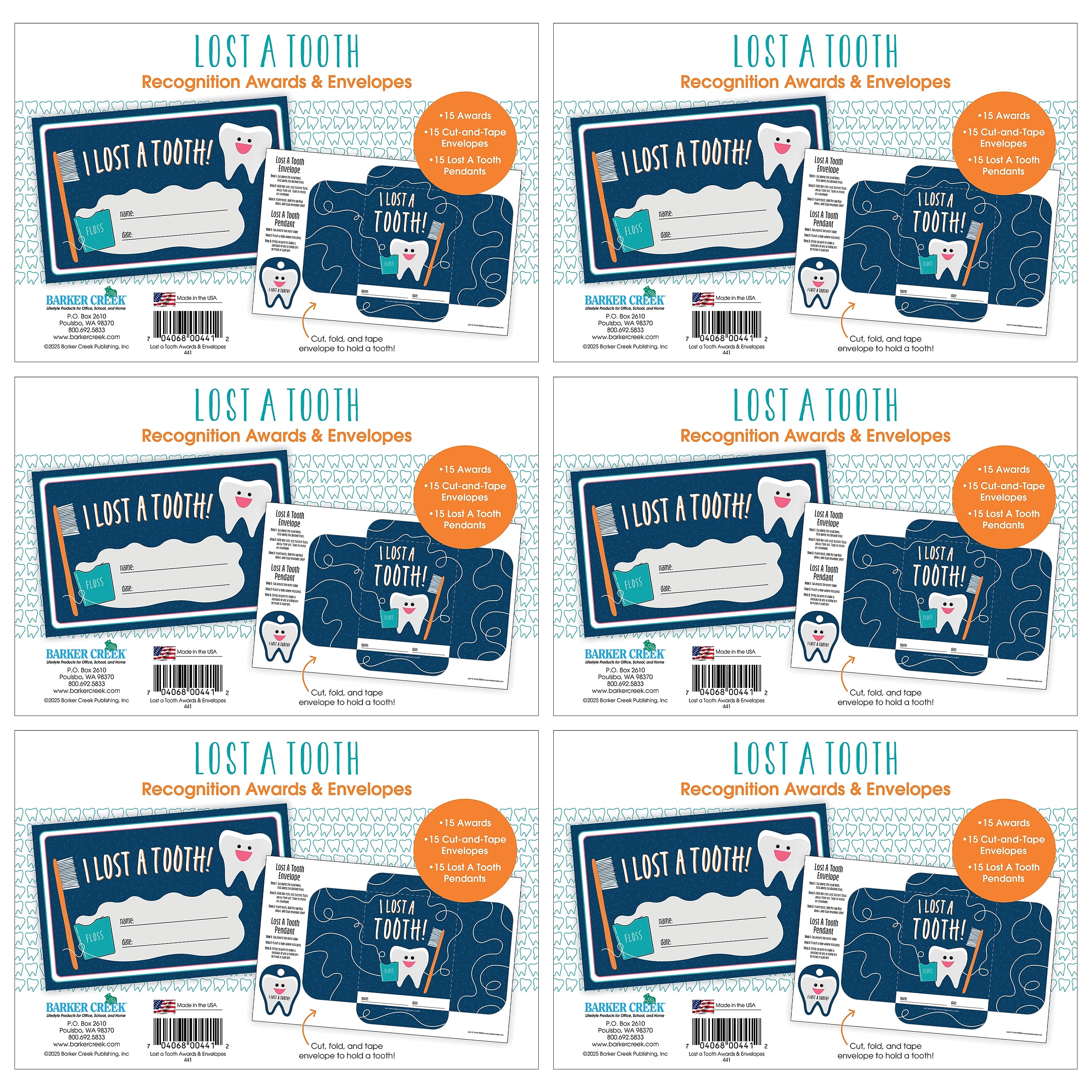 Barker Creek Lost a Tooth Awards & Envelopes, 8.5 x 5.5", Multicolored, 180/Set (4444)