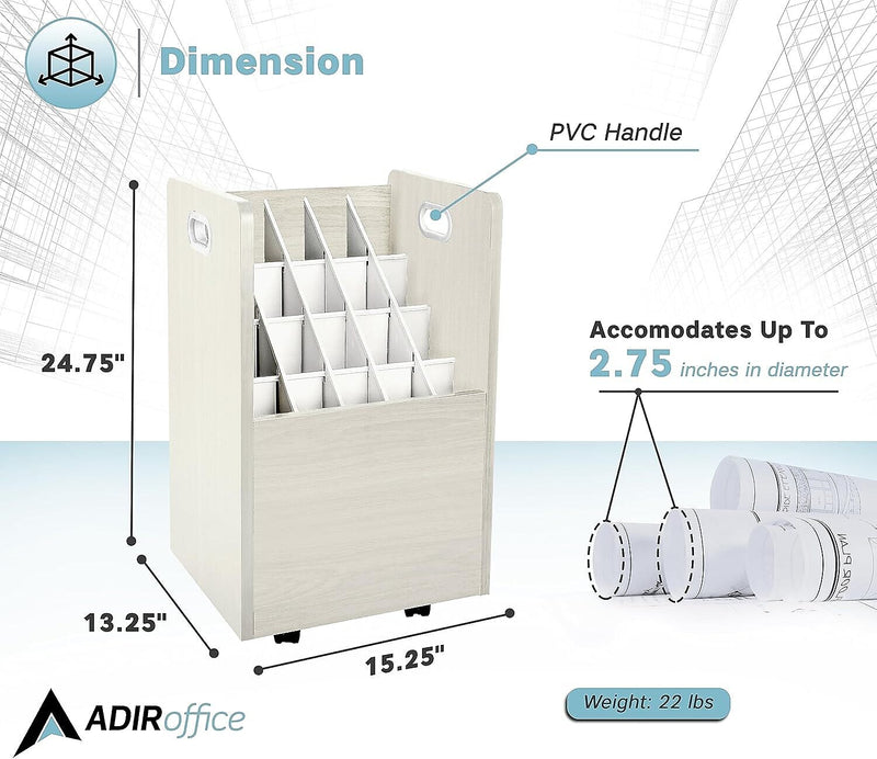 AdirOffice 20-Slot Mobile Roll File, 24.75"H x 15.25"W x 13.25"D, White (624-WHI-KIT1)