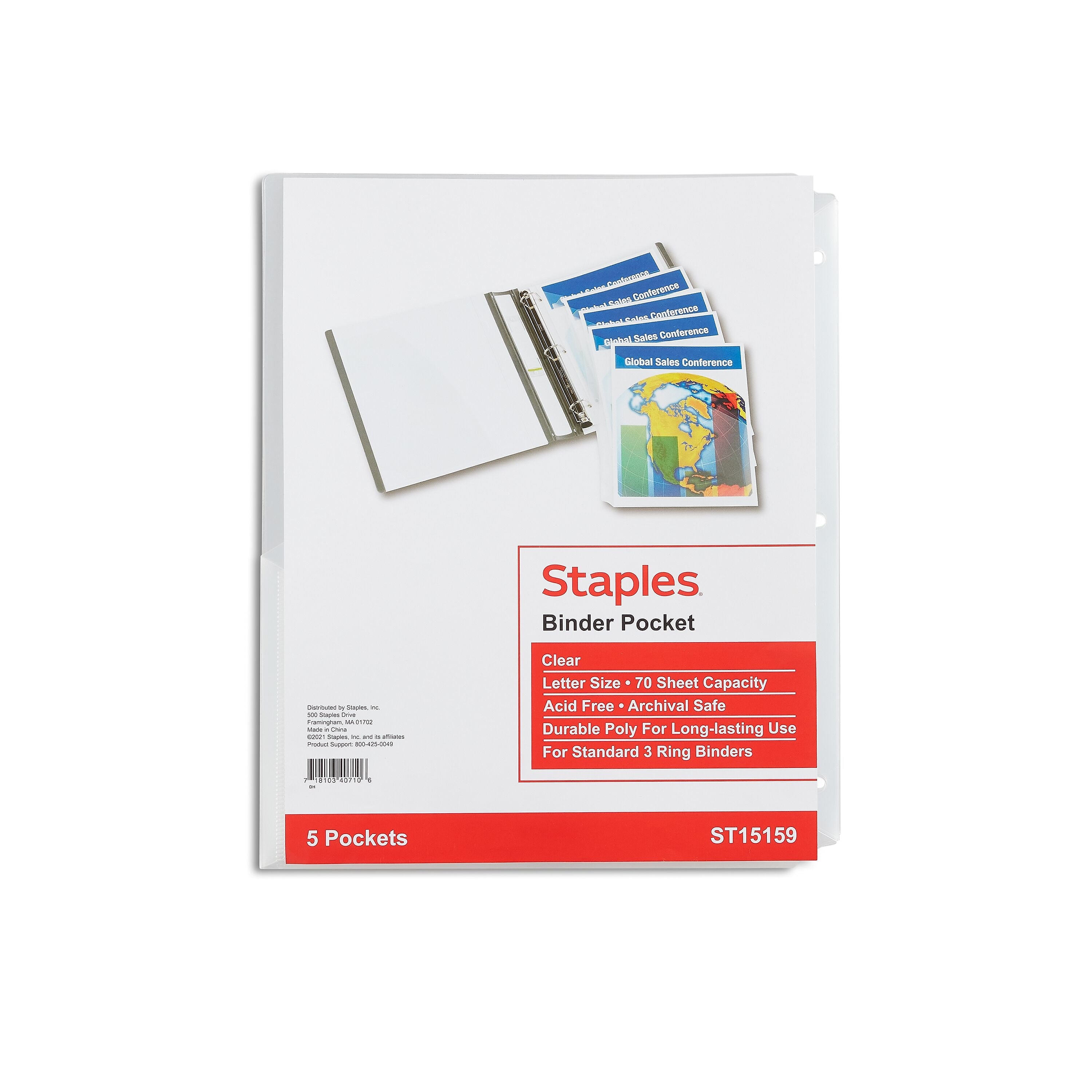 Staples Poly Binder Pocket, 3-Hole Punched, Clear, 5/Pack (ST15159-CC)