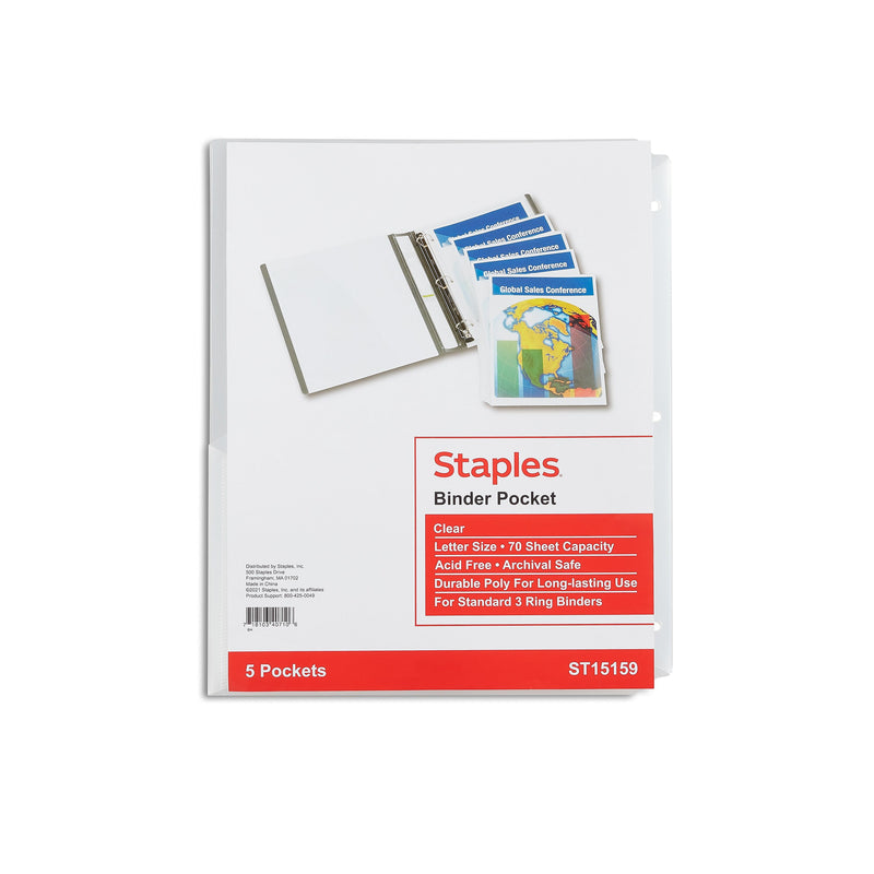 Staples Poly Binder Pocket, 3-Hole Punched, Clear, 5/Pack (ST15159-CC)
