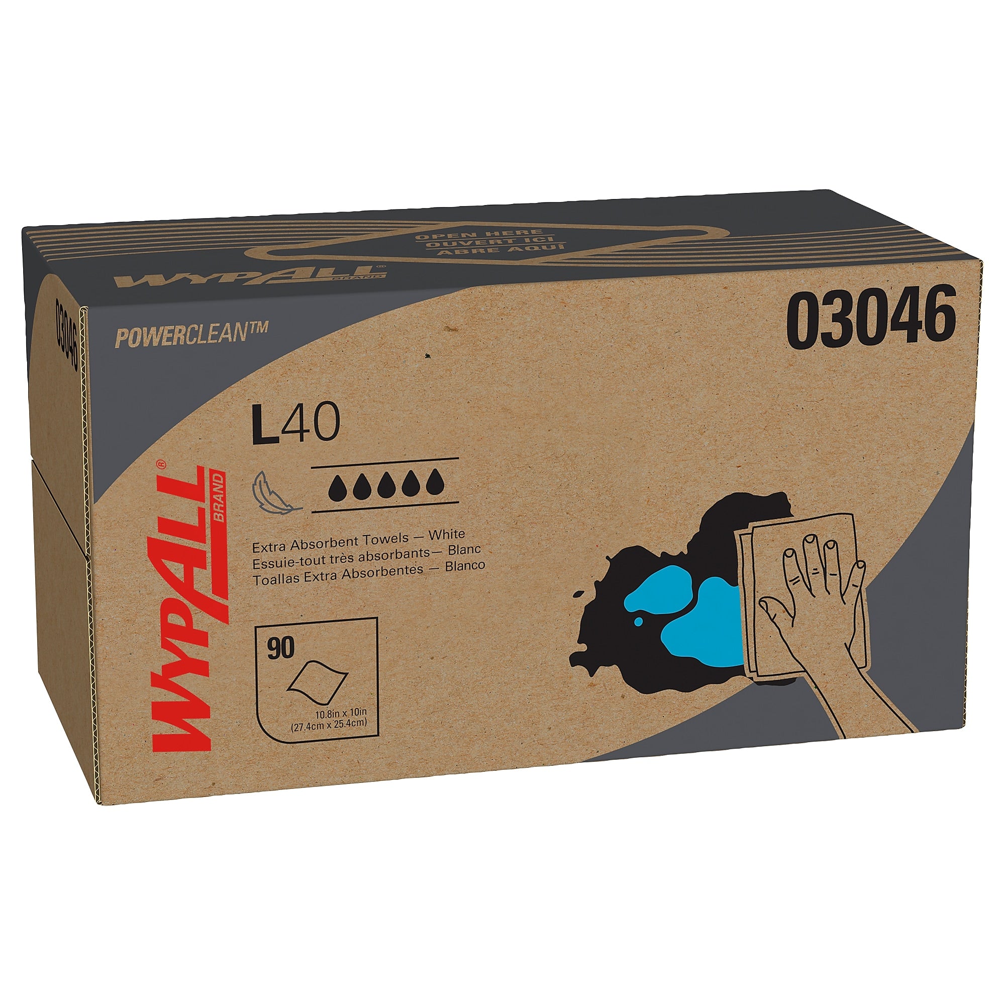 WypAll PowerClean L40 Fabric Cleaning Wipers, 10" x 10.8", White, 90 Wipers/Box, 9/Carton (03046)