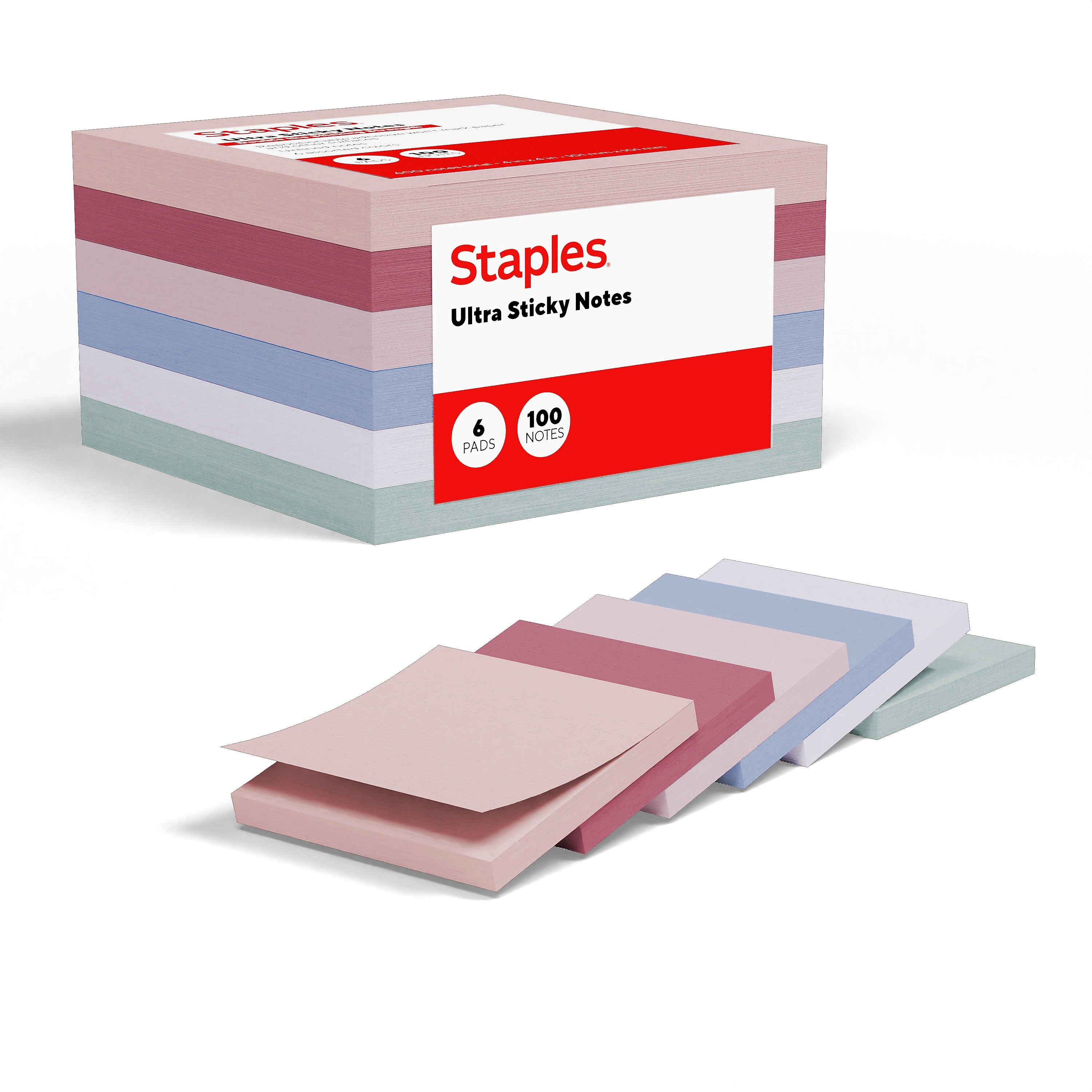 Staples Ultra Sticky Notes, 4" x 4", Ocean Mist Collection, 100 Sheets/Pad, 6 Pads/Pack (ST62876)