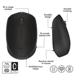 Logitech M170 Wireless Ambidextrous Optical Mouse, Black (910-004940)
