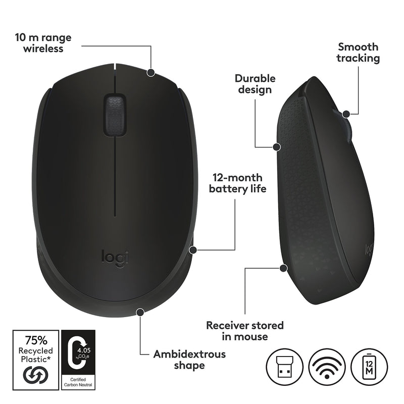 Logitech M170 Wireless Ambidextrous Optical Mouse, Black (910-004940)