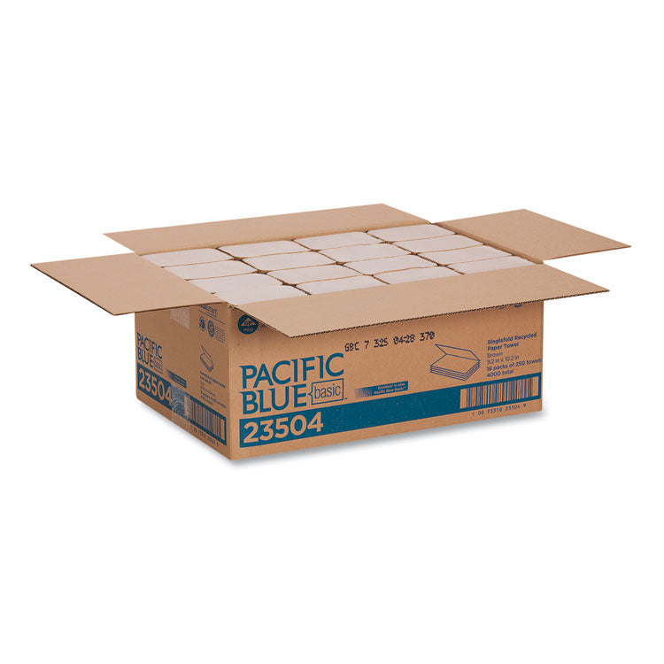 Pacific Blue Basic S-Fold Paper Towels, 1-Ply, 10.25 x 9.25, Brown, 250/Pack, 16 Packs/Carton