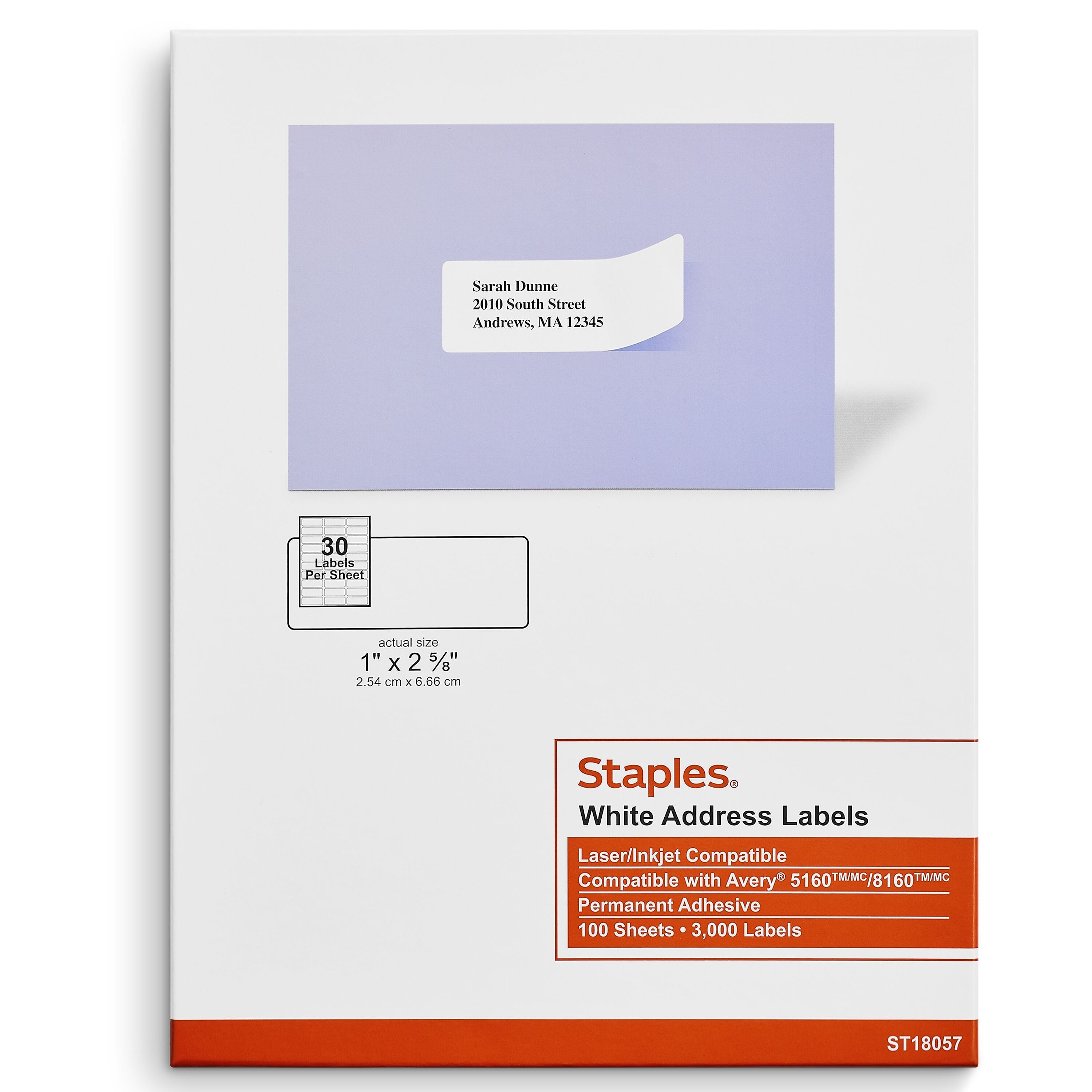 Staples Laser/Inkjet Address Labels, 1" x 2-5/8", White, 30 Labels/Sheet, 100 Sheets/Pack (ST18057-CC)