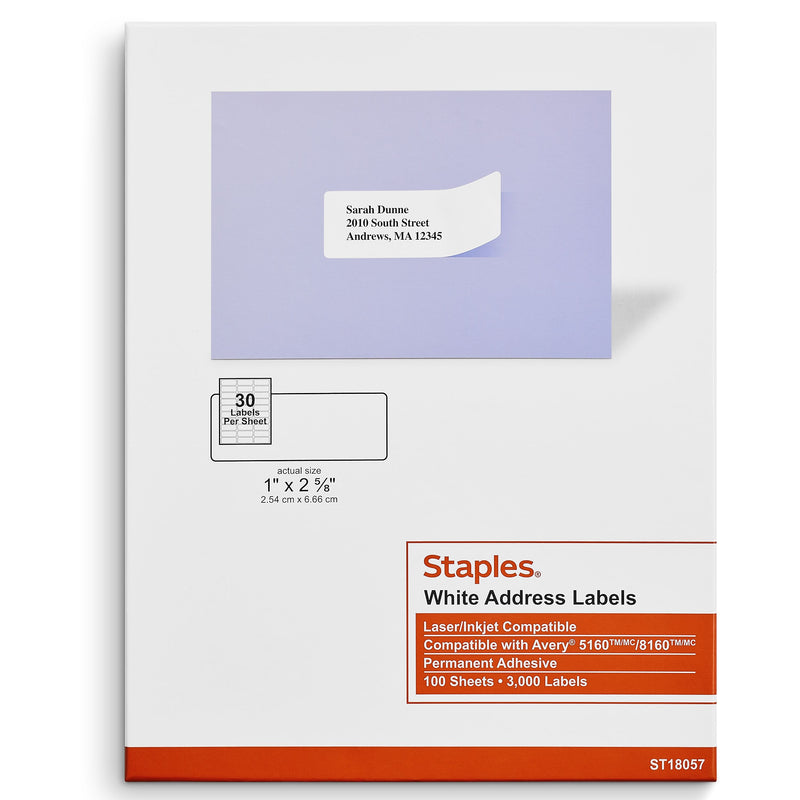 Staples Laser/Inkjet Address Labels, 1" x 2-5/8", White, 30 Labels/Sheet, 100 Sheets/Pack (ST18057-CC)