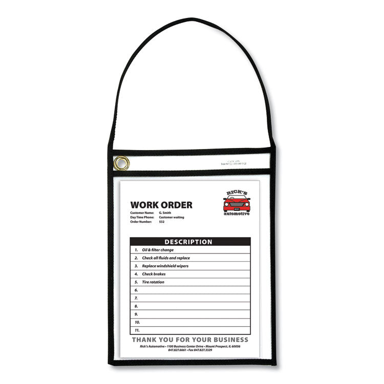 Stitched Shop Ticket Holders, 22" Hang Strap, Super Heavy-Duty, Top Load 9 x 12 Insert, Clear Front, Black Border, 15/Box