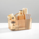 mDesign 4-Section Plastic Desktop Caddy Organizer with Handle, Plastic, Sand (26053)