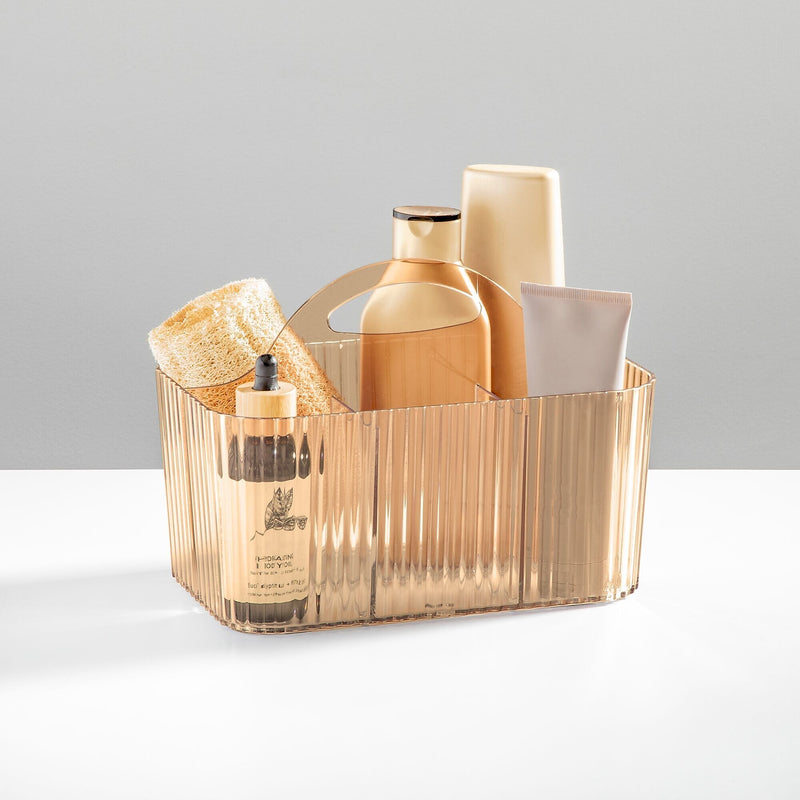 mDesign 4-Section Plastic Desktop Caddy Organizer with Handle, Plastic, Sand (26053)