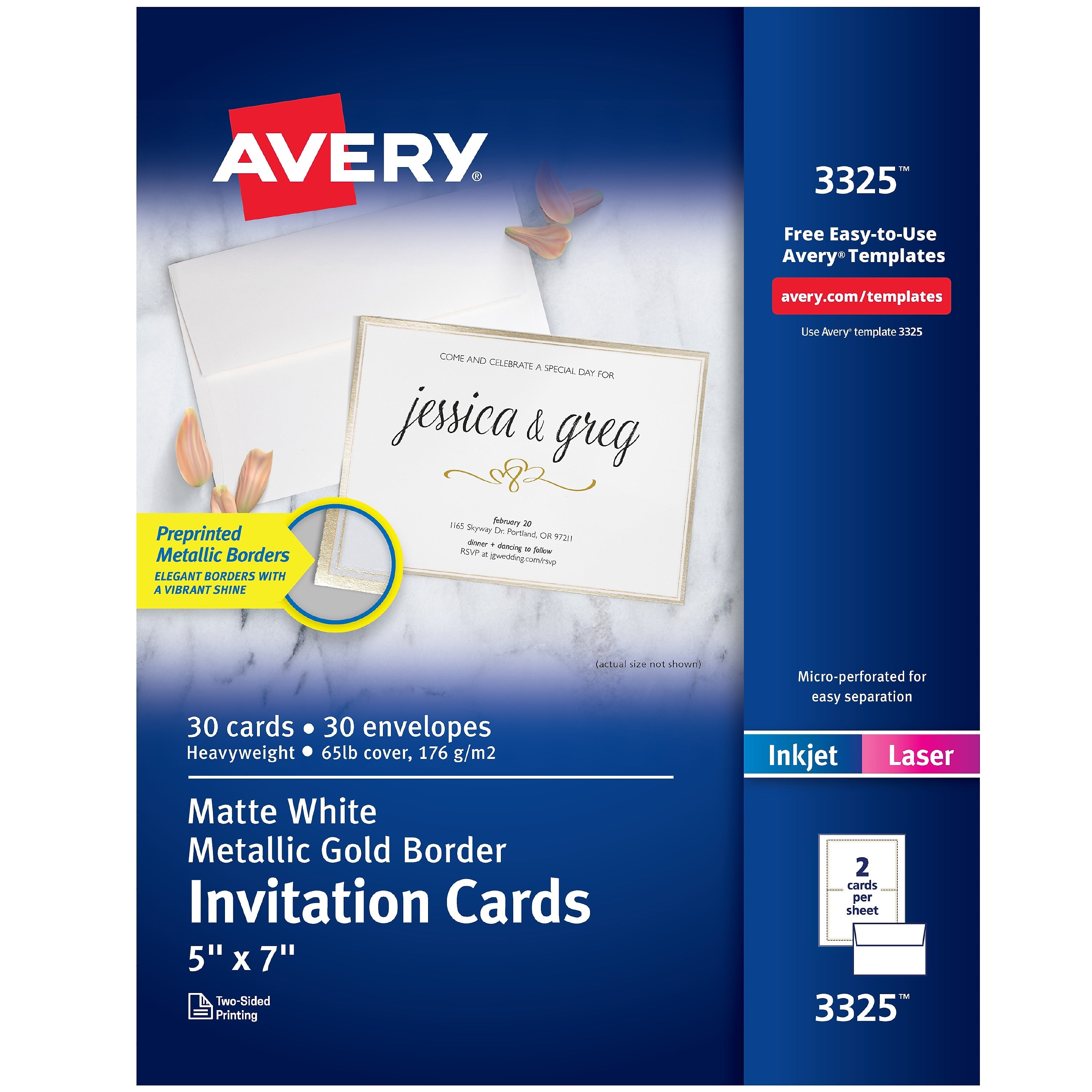 Avery Laser/Inkjet Invitation Cards, 5" x 7", White/Gold, 30 Cards & Envelopes/Pack (3325)