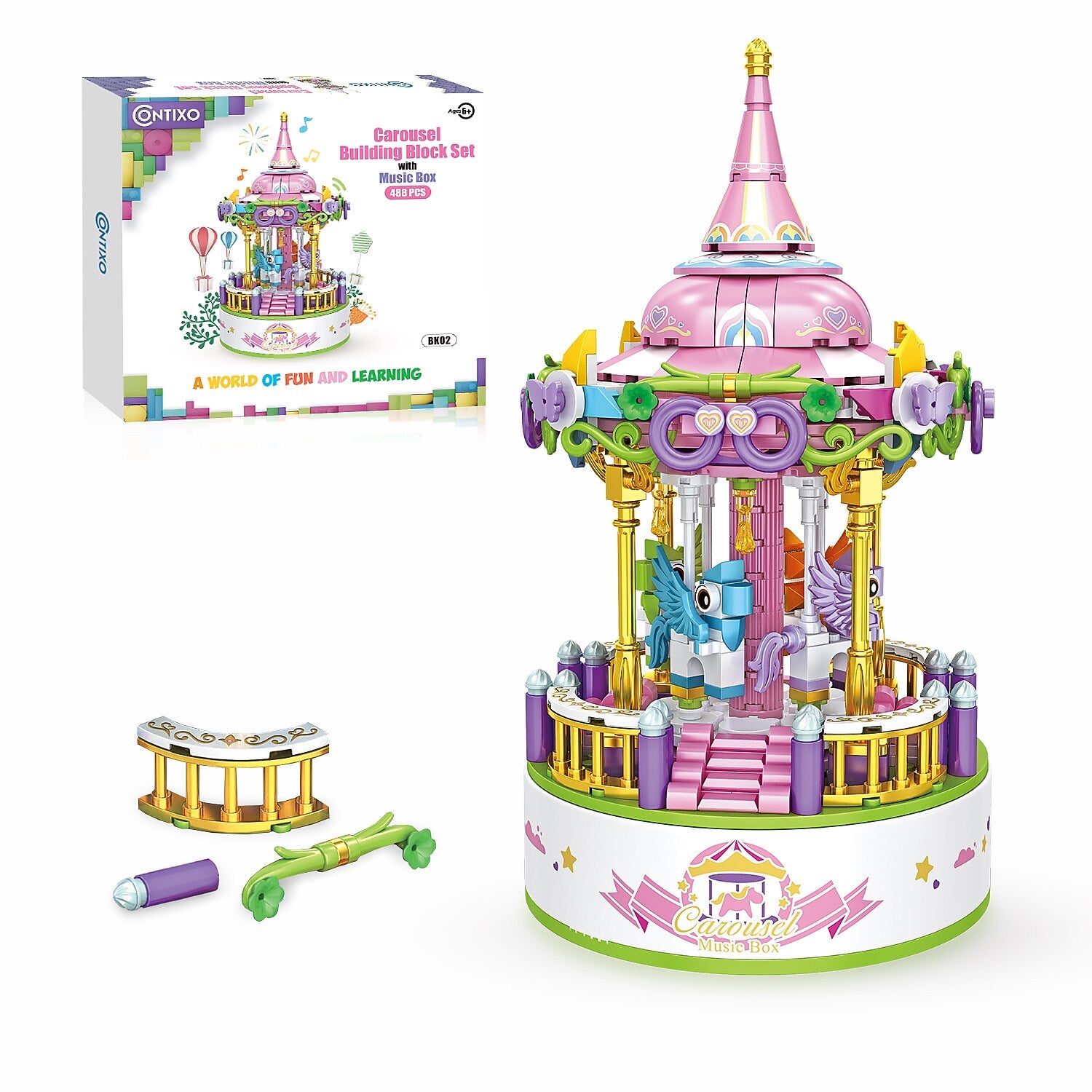 Contixo Carousel Building Block Set with Music Box, 488 Pieces/Set (CNXBK02)