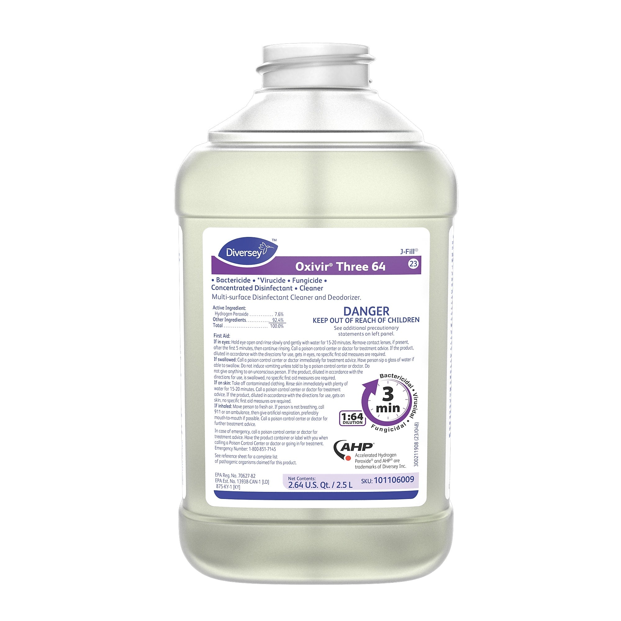 Diversey Oxivir Three 64 Disinfecting Multi-Surface Cleaner & Deodorizer, 2.5L, 2/Carton (101106009CT)