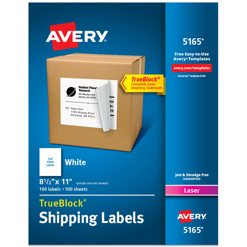 Avery TrueBlock Laser Shipping Labels, 8.5" x 11", Matte White, 100 Labels/Box (5165)