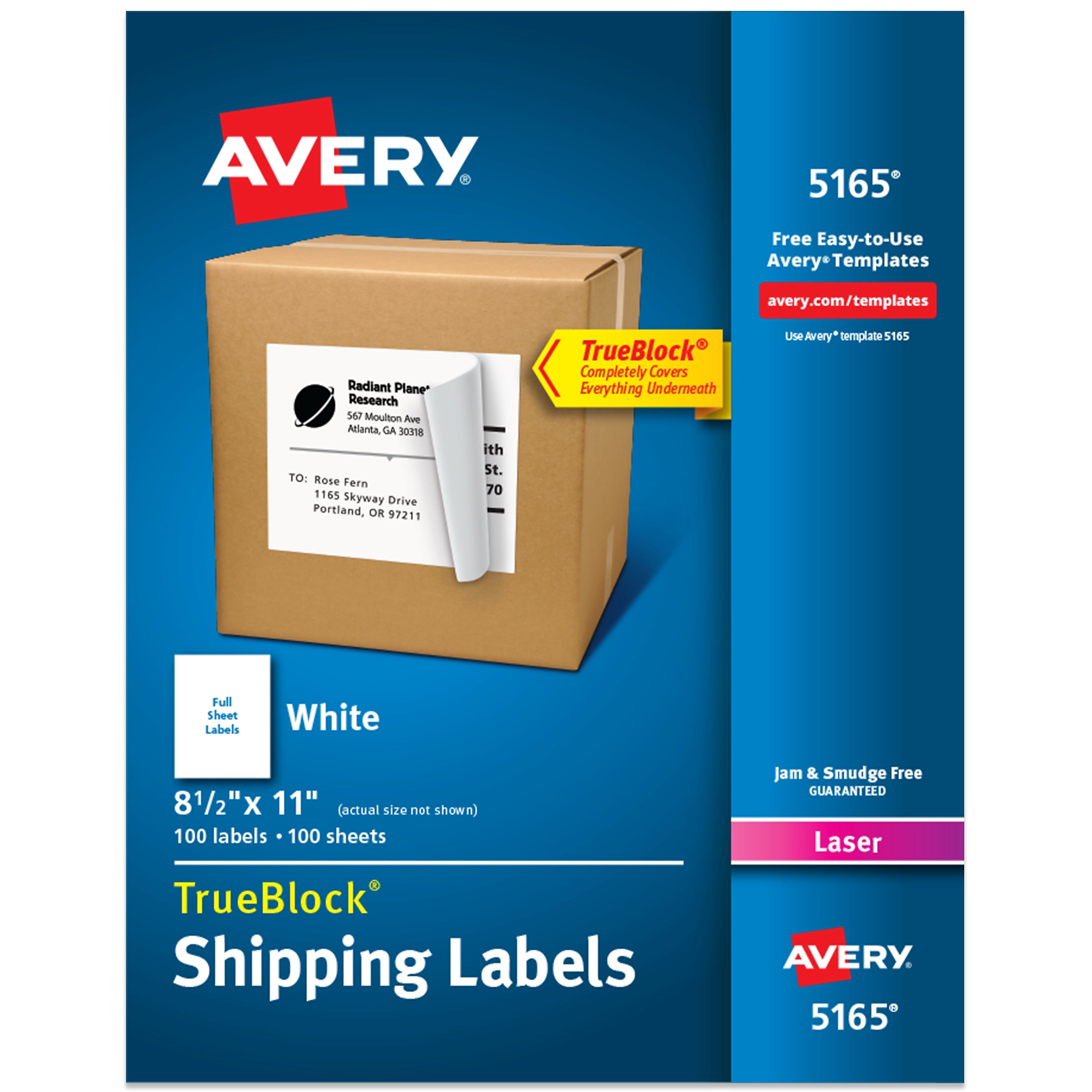 Avery TrueBlock Laser Shipping Labels, 8.5" x 11", Matte White, 100 Labels/Box (5165)