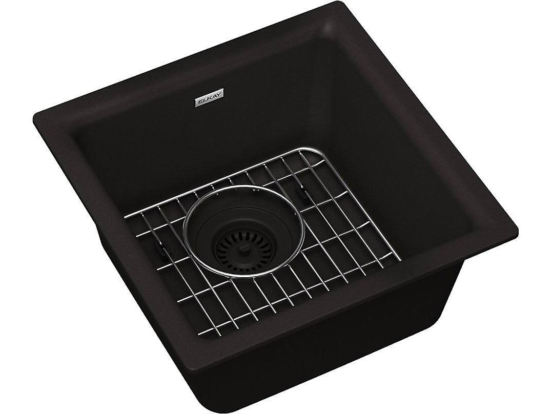 Elkay Quartz Classic Single-Bowl Drop In/Undermount Kitchen Sink, 15.75" x 15.75" x 7.69", Quartz, Black (ELG1616BK0C)