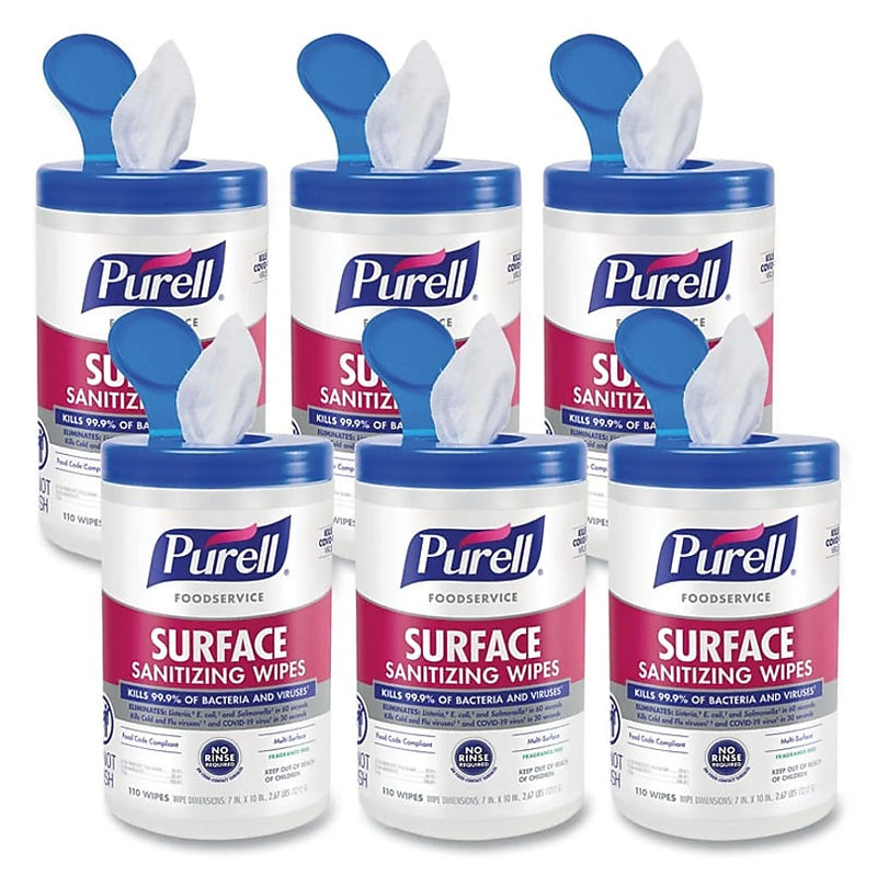 Purell Foodservice Surface Disinfecting Wipes, 110 Wipes/Container, 6/Carton (9341-06)