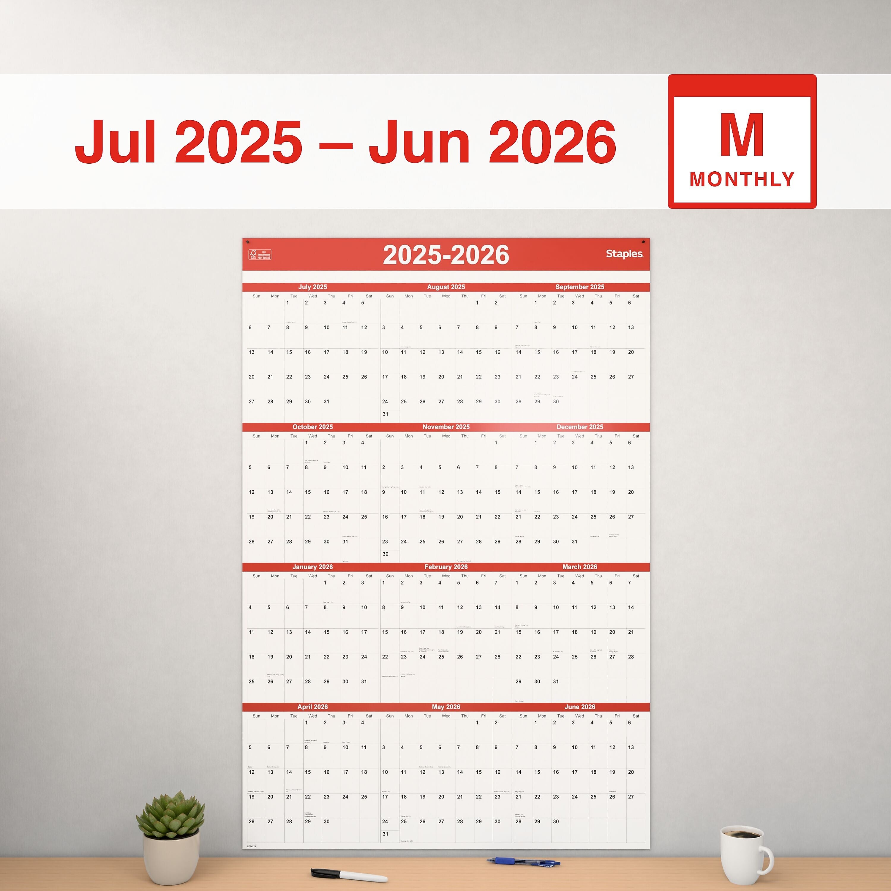 2025-2026 Staples 32" x 48" Academic Yearly Dry-Erase Wall Calendar, Red/White (ST54274-25)
