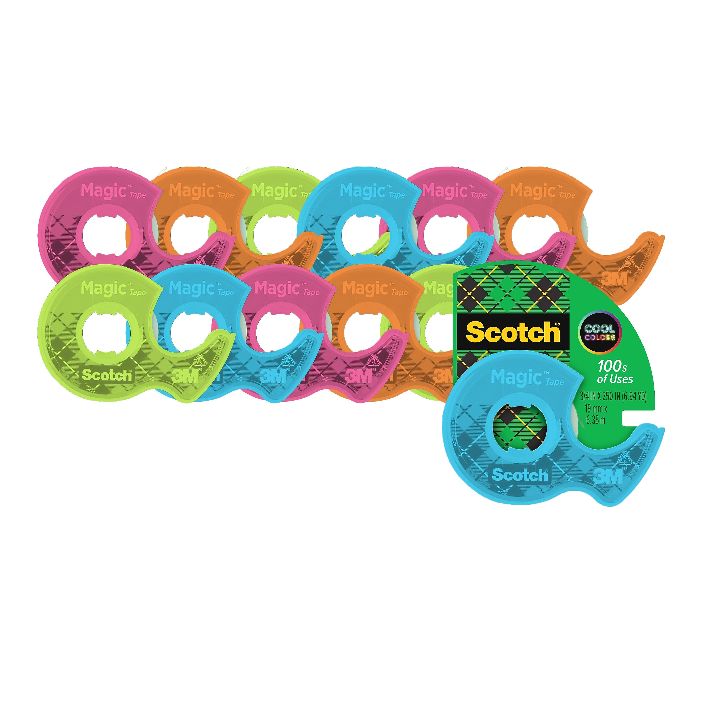 Scotch® Magic™ Tape with Dispenser, 3/4 in x 250 in, Assorted Colors, 12/Pack (102L-COL)