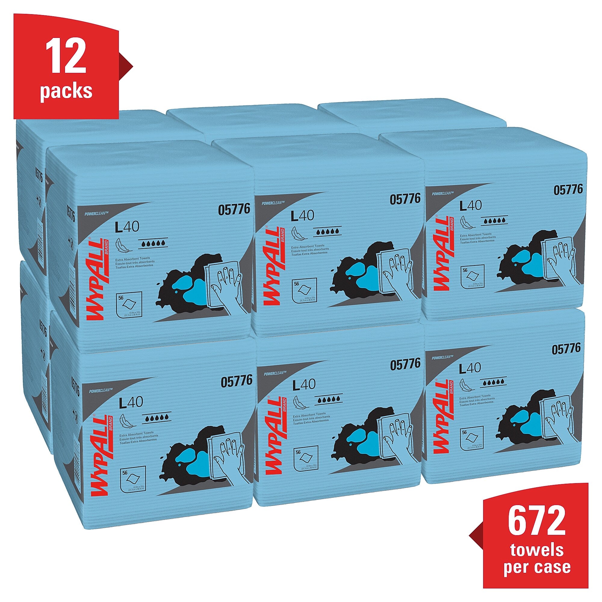WypAll PoweClean L40 Towels, 12.5" x 12", Blue, 56 Sheets/Pack, 12 Packs/Carton (05776)