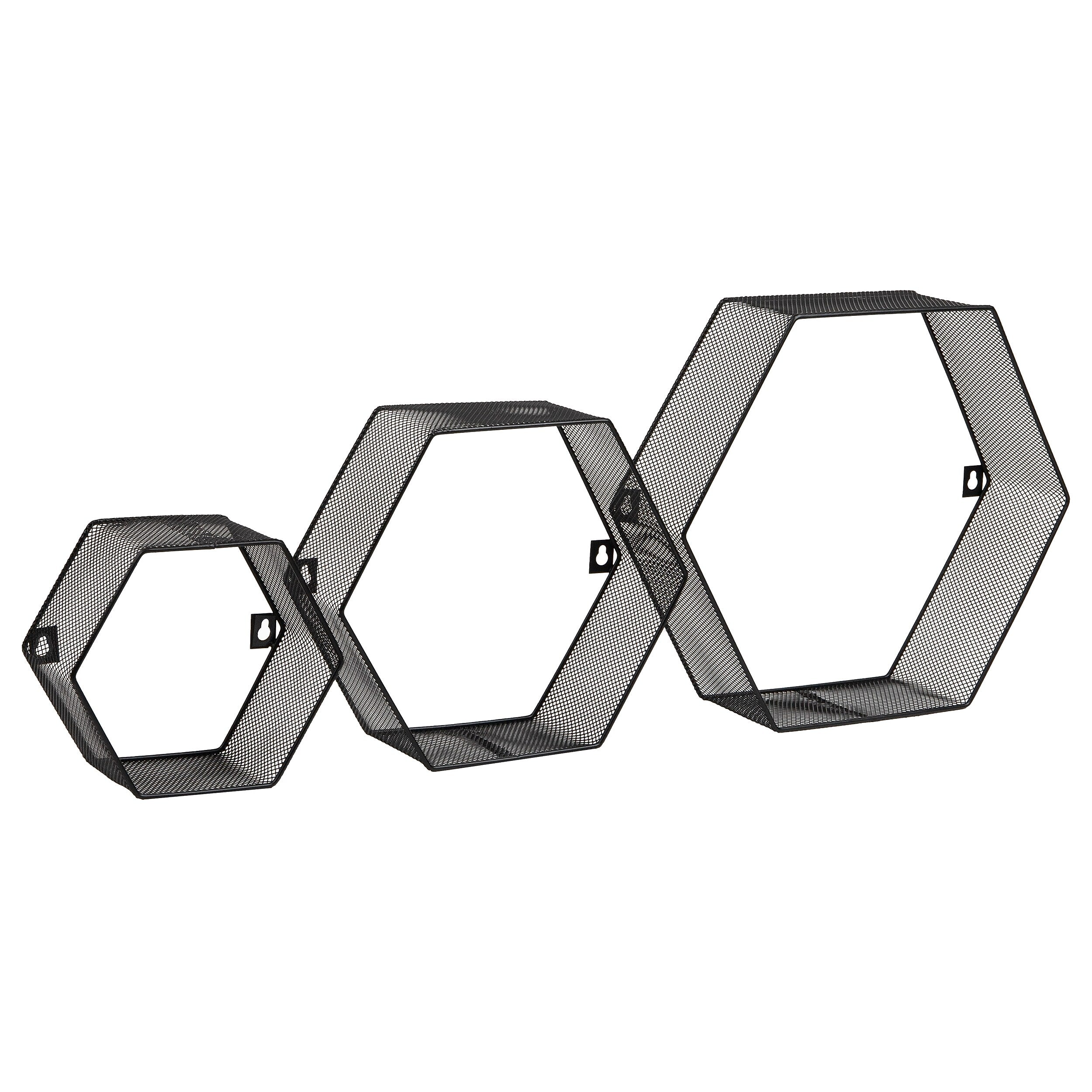 Mind Reader 3-Shelf Metal Honeycomb Hexagon Floating Shelves, Black, 3/Set (WALL3PC-BLK)