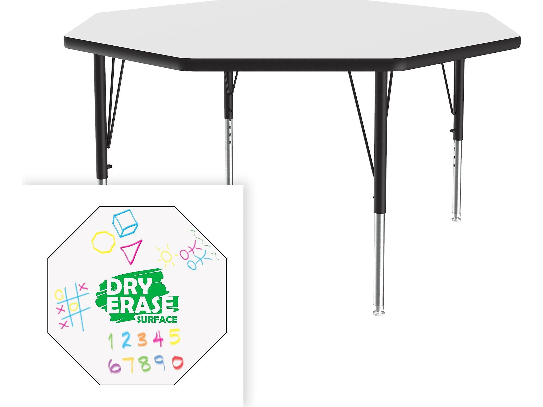 Correll Octagonal Activity Table, 48" x 48", Height-Adjustable, Frosty White/Black (A48DE-OCT-80)