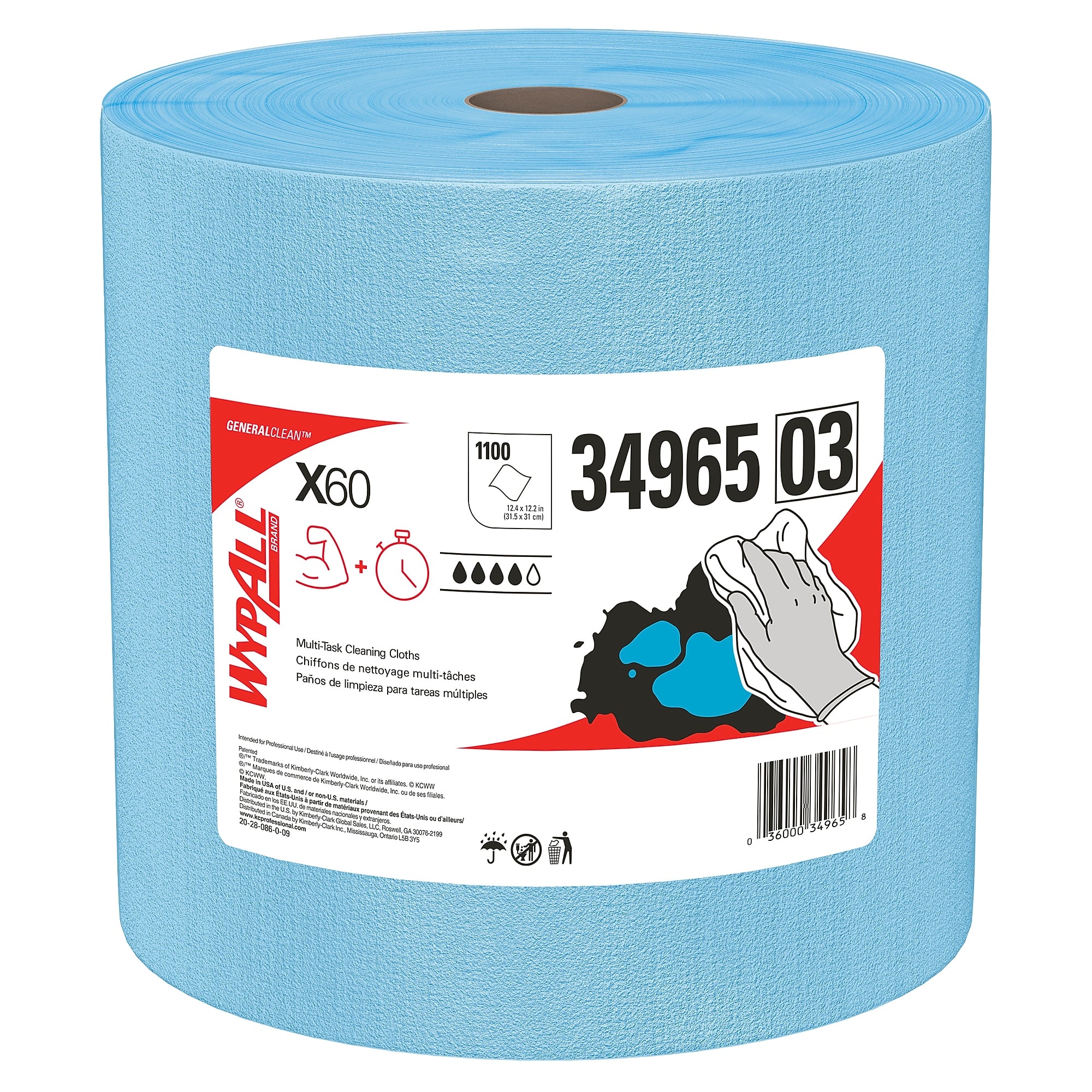 WypAll GeneralClean X60 Jumbo Fabric Cleaning Wipers, 13.4" x 12.5", Blue, 1100 Sheets/Roll, 1100 Wipers/Box (34965)
