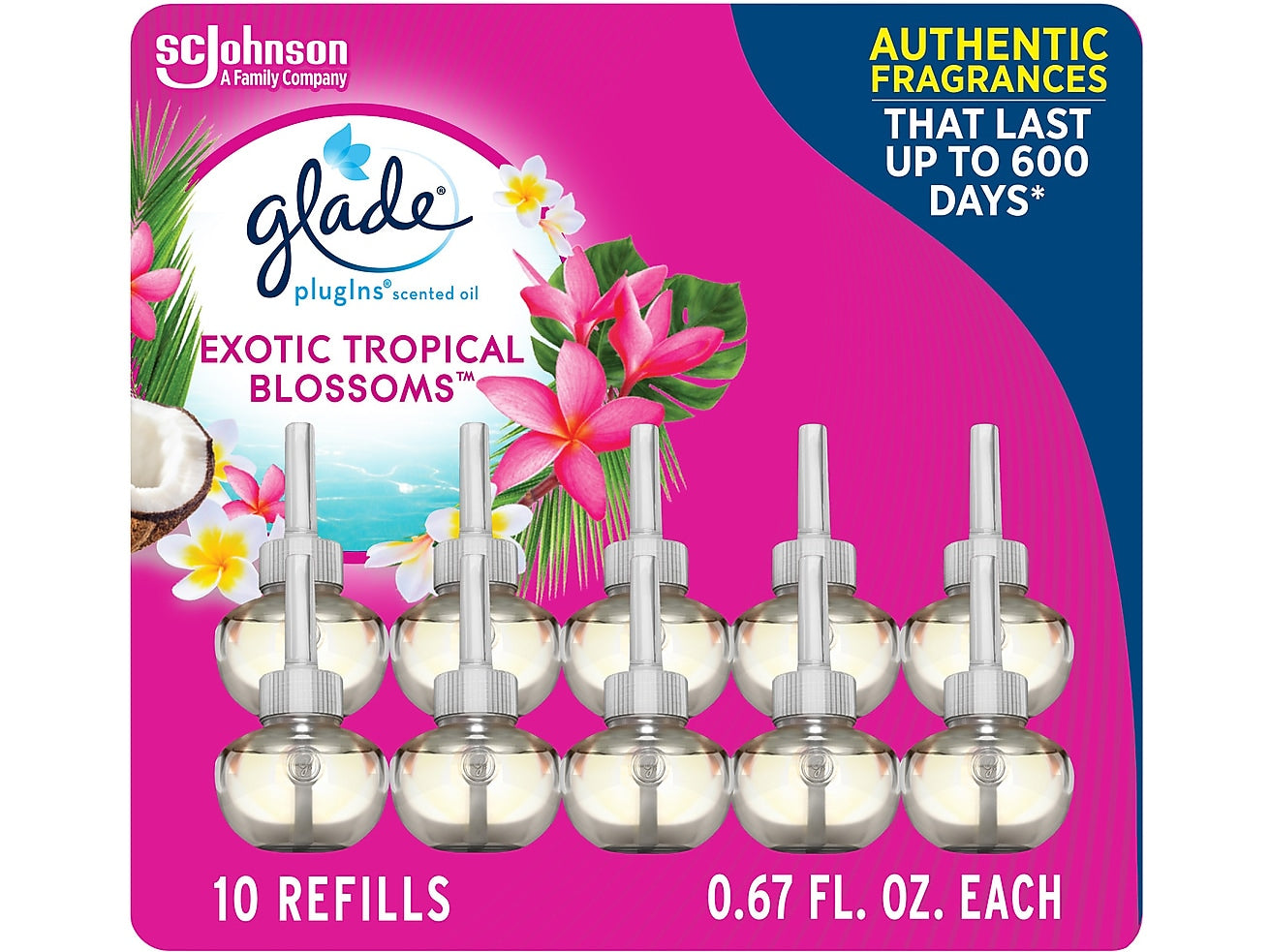 Glade PlugIns Scented Oil Air Freshener Refill, Exotic Tropical Blossoms, 0.67 Fl. Oz., 10/Pack (353730)