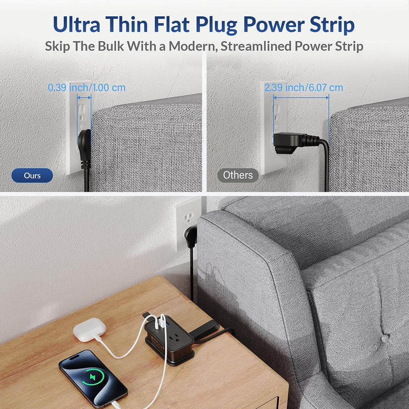 Uncaged Ergonomics 3-Outlet 3-USB Port Power Strip, 3', Black (TC-b)