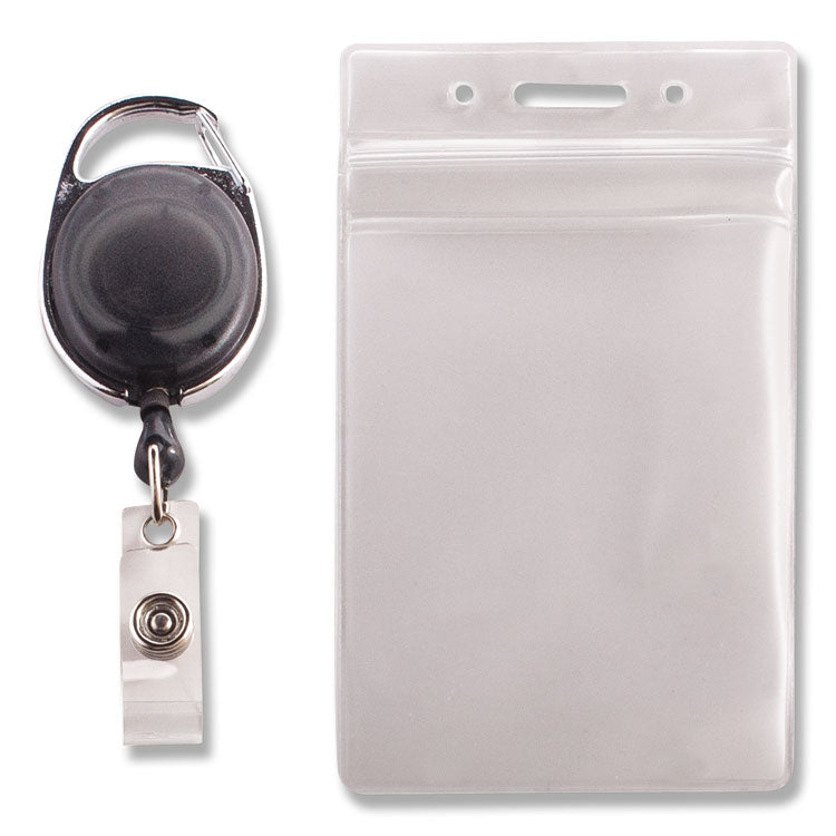 Resealable Badge Holder Combo Pack with Badge Reel, 30" Cord, Vertical, Frost 2.68" x 5" Holder, 2.38" x 3.75" Insert, 10/PK