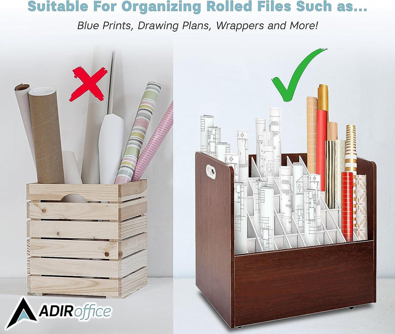 AdirOffice 50-Slot Mobile Roll File, 28.5"H x 30"W x 15.75"D, Mahogany (626-MA-KIT1)