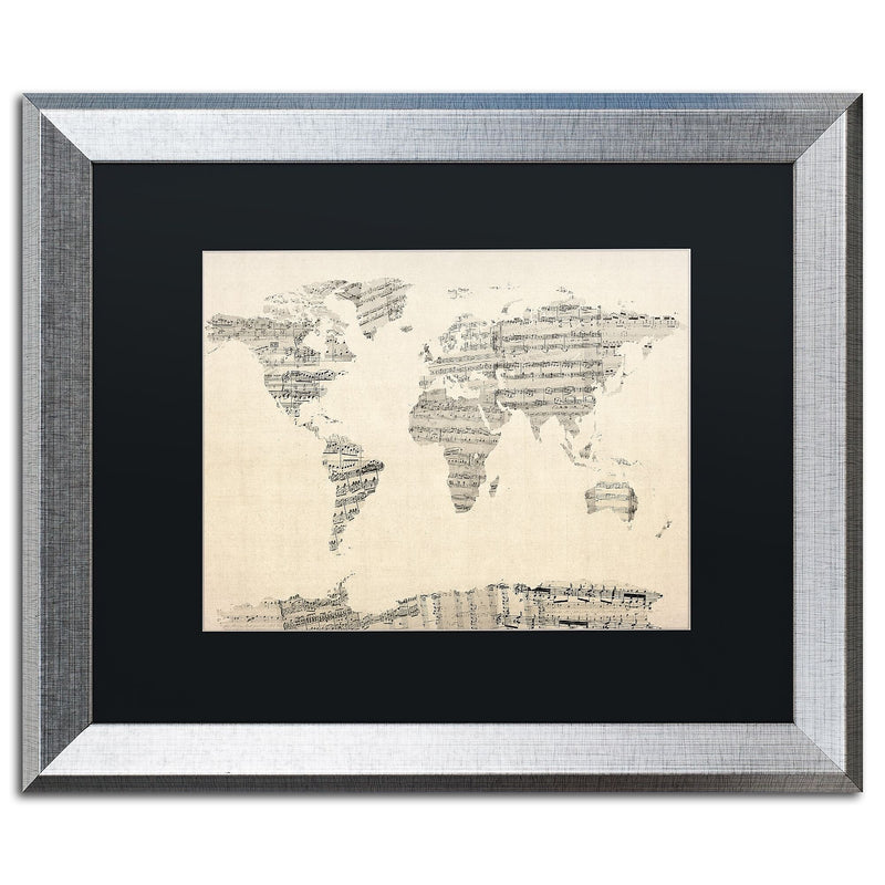 Trademark Fine Art ''Old Sheet Music World Map'' by Michael Tompsett 16" x 20" Silver Frame (MT0016-S1620BMF)