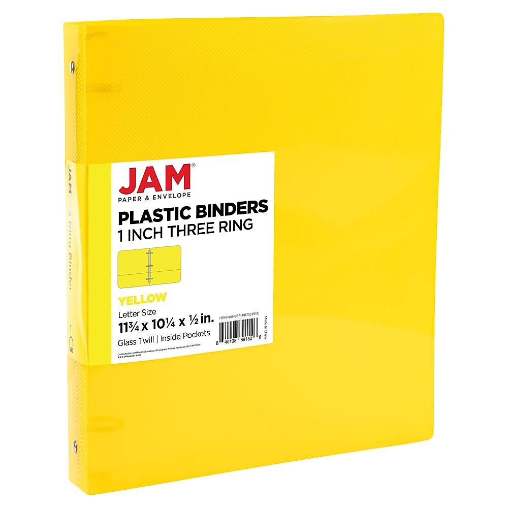 JAM Paper 1" 3-Ring Flexible Poly Binder, Yellow (PB75239YE)