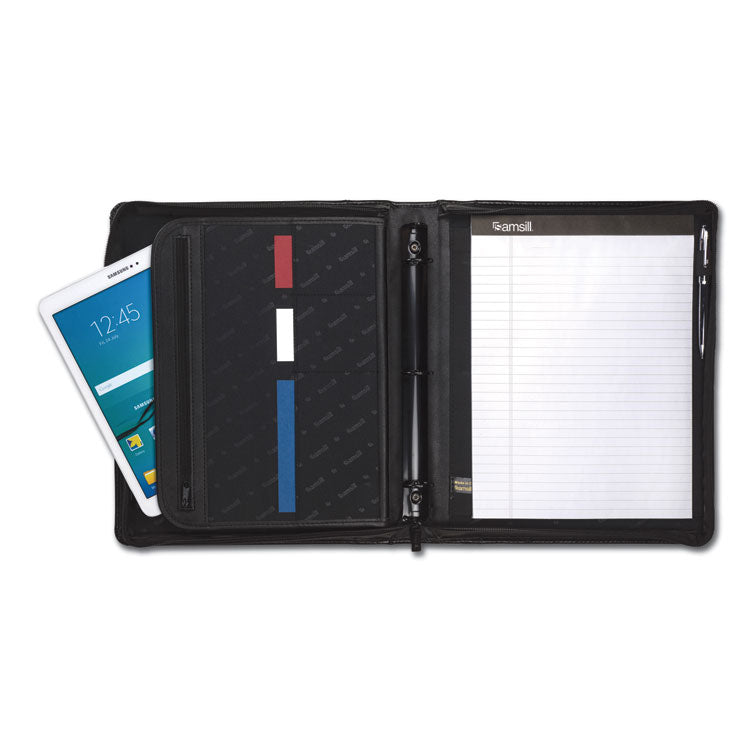 Leather Multi-Ring Zippered Portfolio, Two-Part, 1" Cap, 11 X 13 1/2, Black