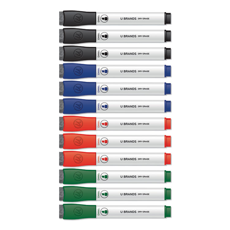 Chisel Tip Low-Odor Dry-Erase Markers With Erasers, Broad Chisel Tip, Assorted Colors, 12/pack
