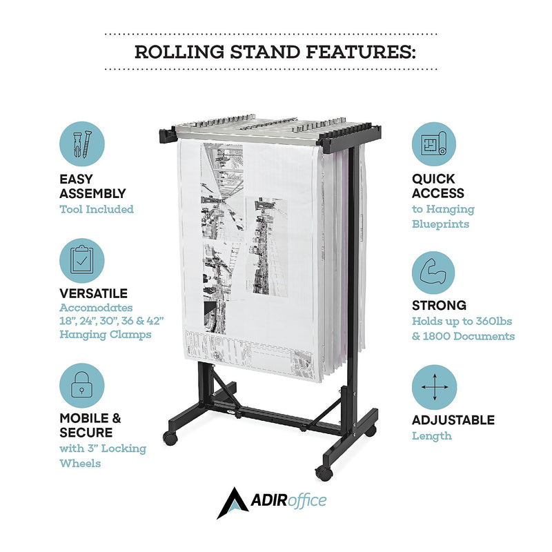 AdirOffice Expandable Blueprint Mobile Plan Center Large File Storage Hanging Rack, Black (615-BLK-KIT1)