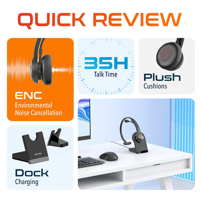 Delton 50X Pro Wireless Noise Canceling Bluetooth Mono Computer On-Ear Headset, Black (DBTHEAD50XBTDL)