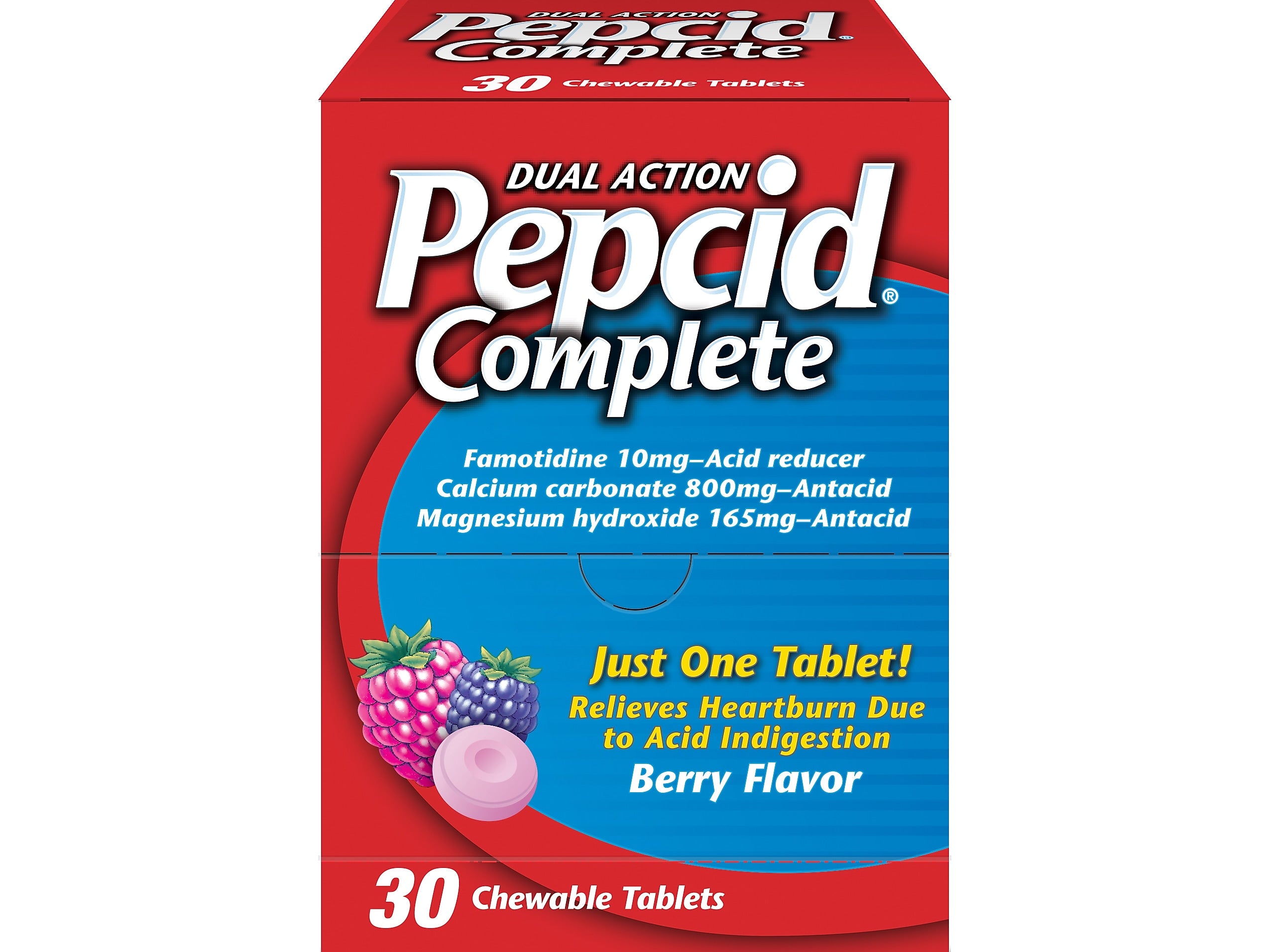 Pepcid Complete Dual-Action Antacid, Chewable Tablet, Berry Flavor, 30/Box (64228)
