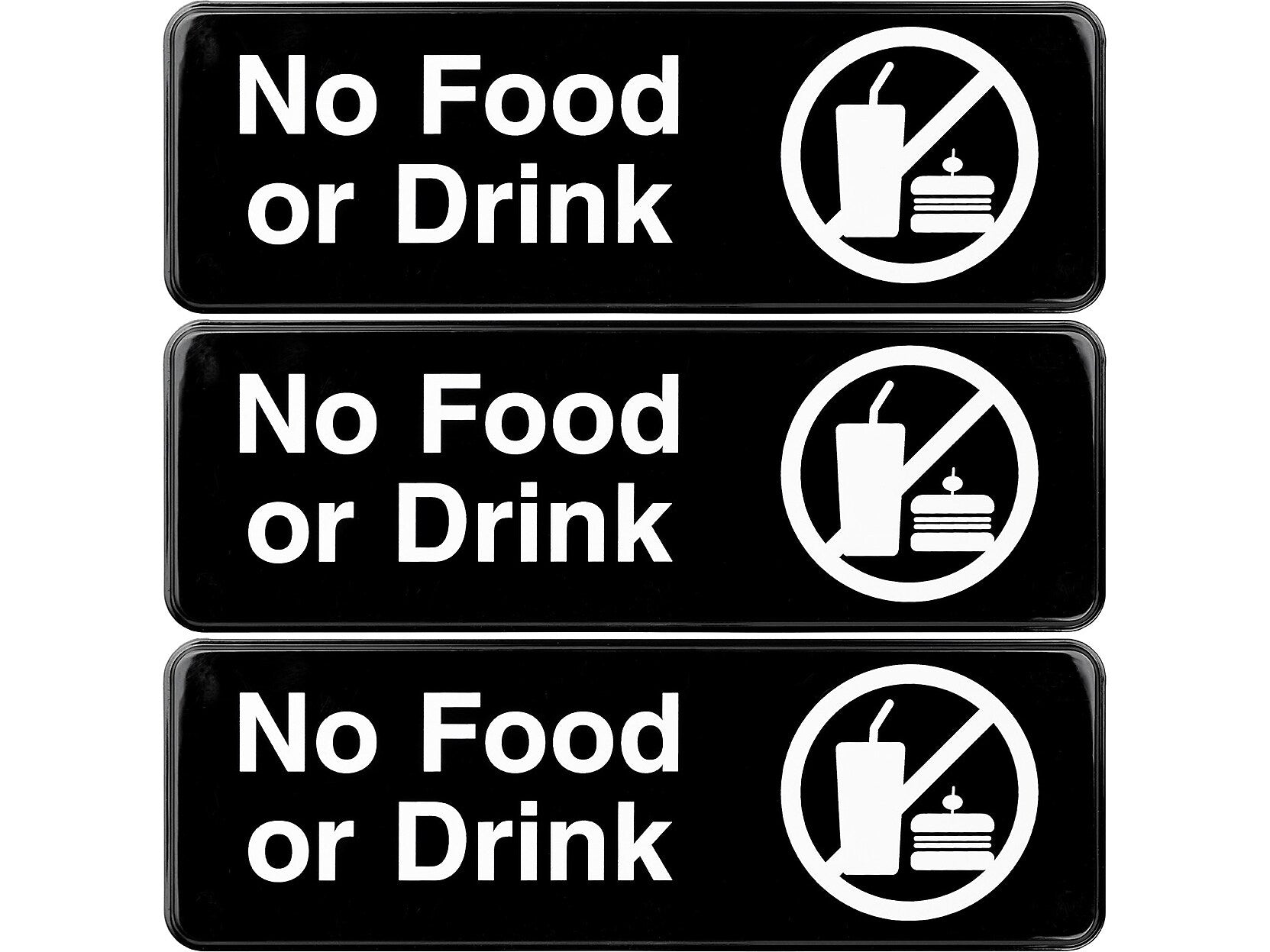 Excello Global Products No Food or Drink Indoor/Outdoor Wall Sign, 9" x 3", Black/White, 3/Pack (EGP-HD-0267)