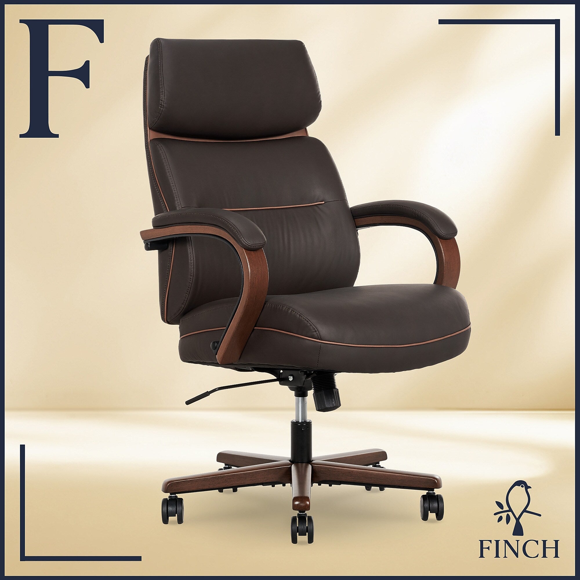 Finch NEO TWO Ergonomic Vegan Leather/Wood Swivel Executive Chair, Brown (52373-BRN)